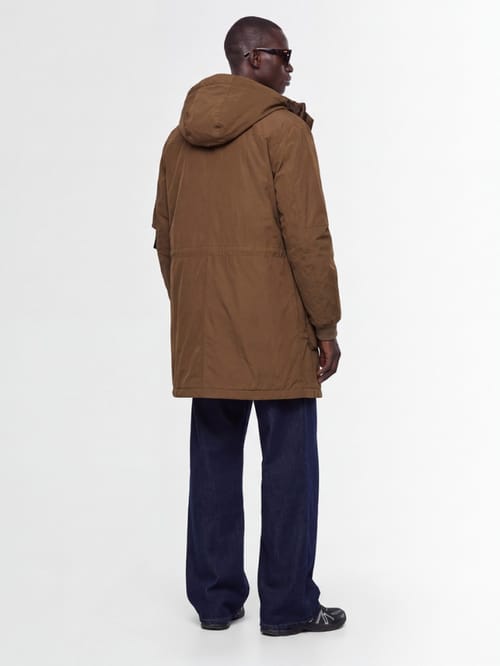 OUTHERE: Long nylon down jacket with hood