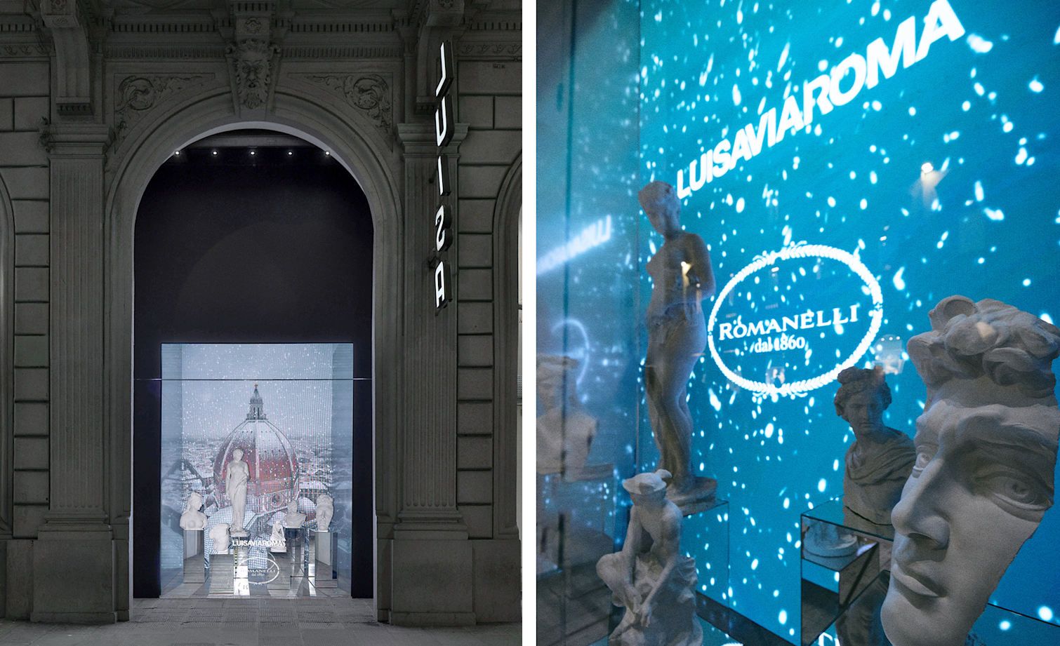 Allestimento Vetrine LuisaViaRoma con le opere Winter Whites in collaborazione con Galleria Romanelli